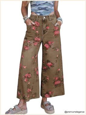 Floral Pattern Wide Leg Mid Rise Cropped Denim Jeans Y2k Stretchy